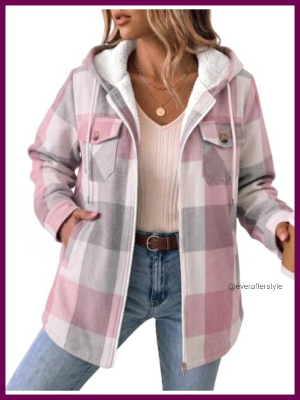 Womens Plaid Fleece Lined Hooded Shacket Zip Up Winter Coat